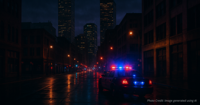 Denver night scene with flashing police lights, symbolizing public safety crisis