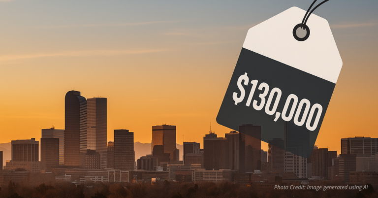 Denver skyline with $130k price tag symbolizing rising cost of livin