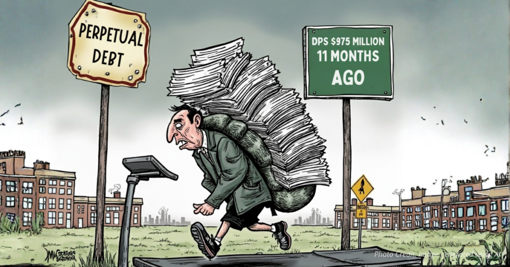 Denver taxpayer carrying overloaded backpack labeled “Taxpayer” full of bond slips