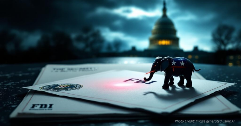 U.S. Capitol linked by digital lines to FBI and GOP icons symbolizing surveillance.