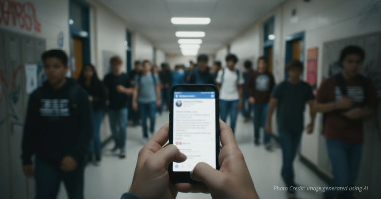Smartphone showing threat message with blurred school hallway background.