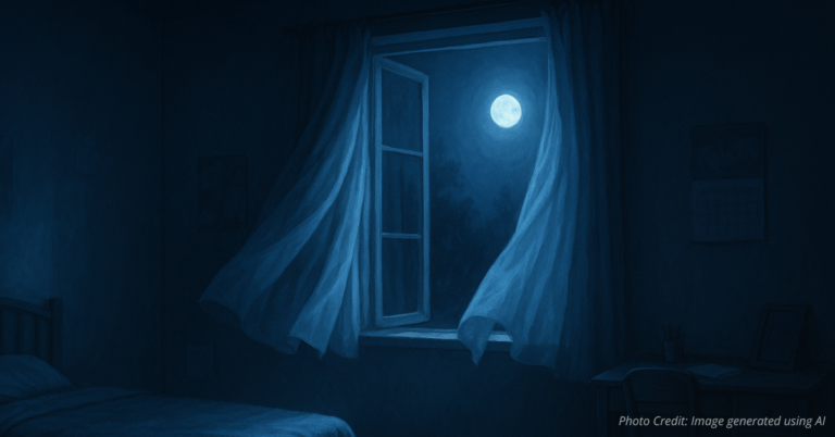 Dimly lit bedroom with open window symbolizing a missing child