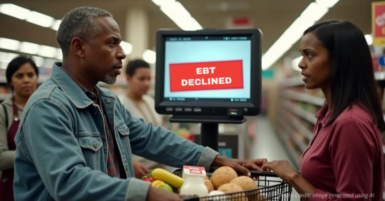 Shopper at checkout with “EBT Declined” message on screen during shutdown.