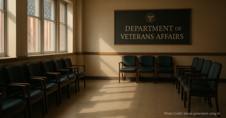 Empty VA waiting room reflecting neglect of veterans.