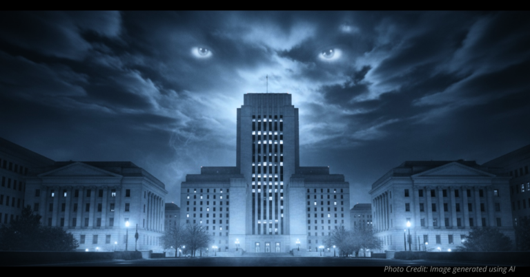 Eye-shaped clouds over D.C. symbolizing government monitoring.