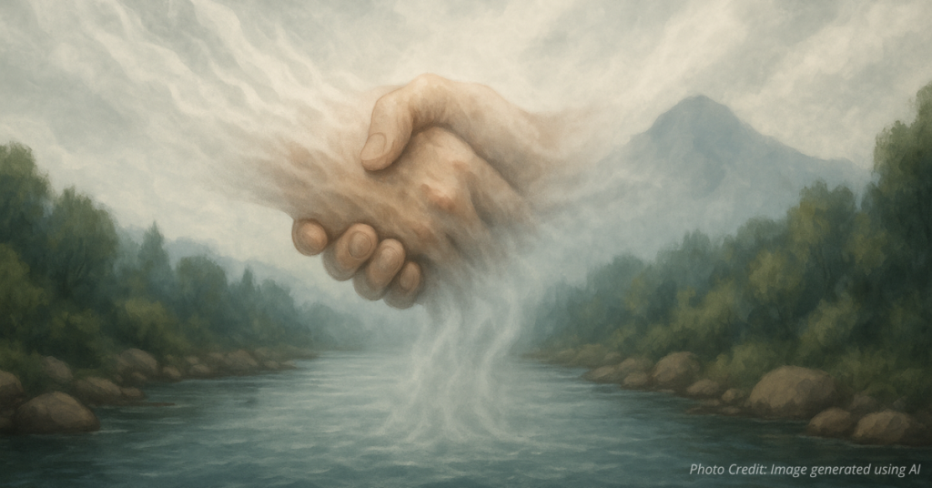 Dissolving handshake over river reflects fading water agreements