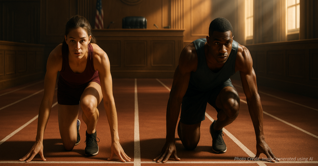 Male and female runners on track under courtroom light symbolizing gender fairness debate