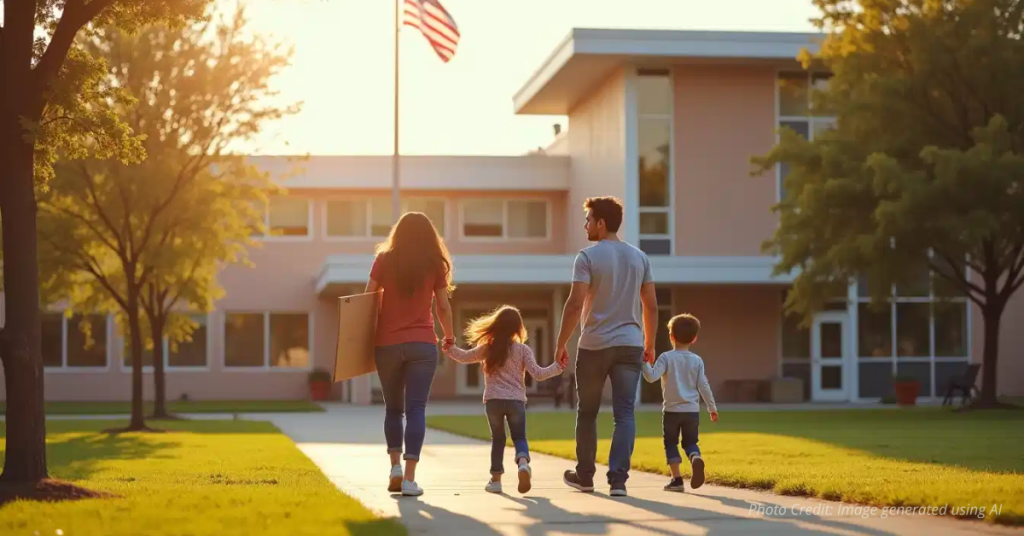 Family stands outside school under American flag symbolizing parental involvement.