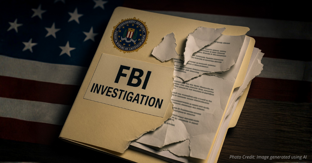 Torn FBI file labeled Biden Investigation symbolizing missing records