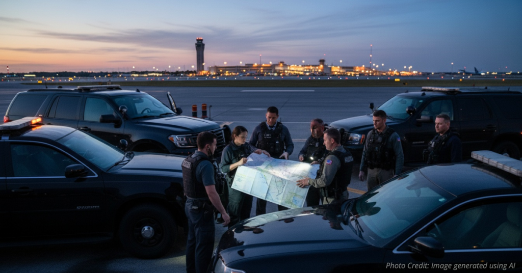 FBI and Secret Service agents confer near Palm Beach airfield