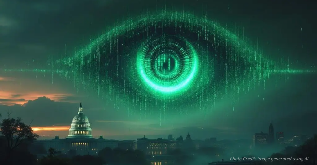 Digital eye of surveillance hovering over the U.S. Capitol at night