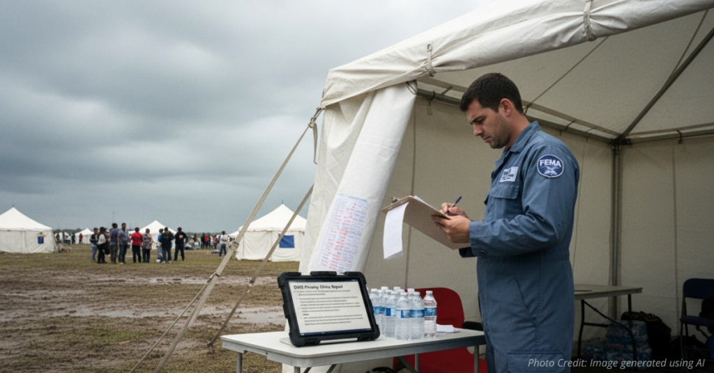 FEMA worker holds clipboard with blurred names and red-blue marks