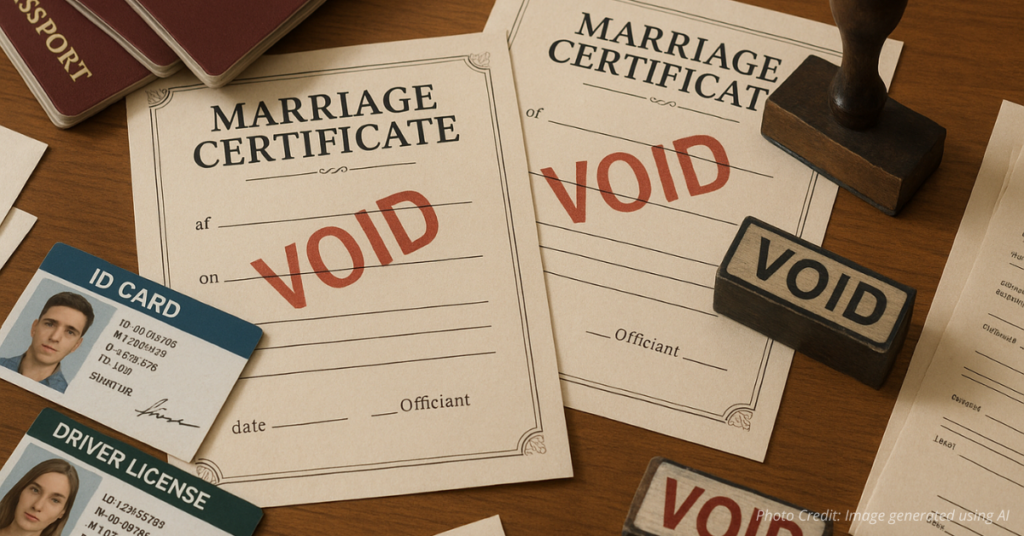 Desk with fake passports and voided marriage certificates symbolizing immigration fraud