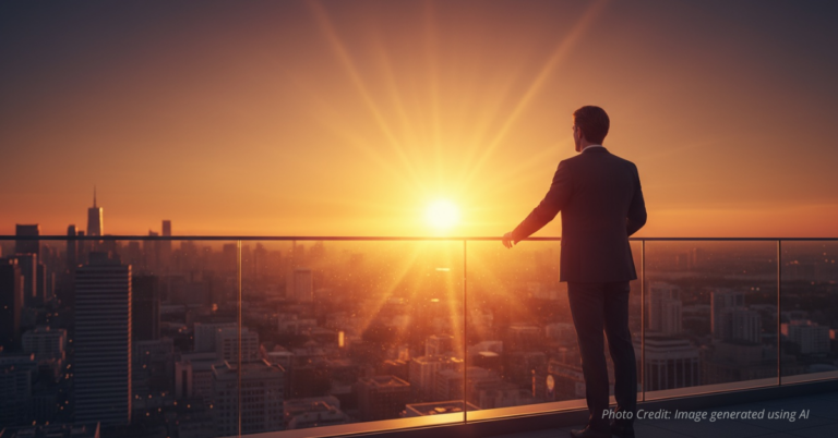 Man silhouetted on rooftop at sunrise symbolizing hope and renewal.