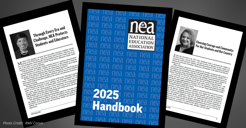 NEA 2025 handbook under a spotlight with leadership forewords