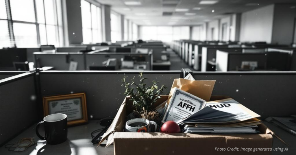 Empty HUD office cubicles with folders left behind after federal layoffs.