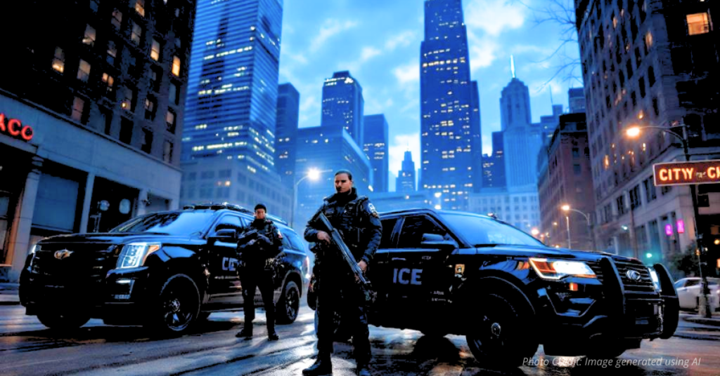 ICE agents stand at dawn with Chicago skyline behind them.