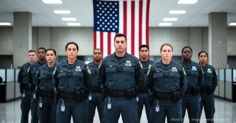 ICE agents standing before an American flag