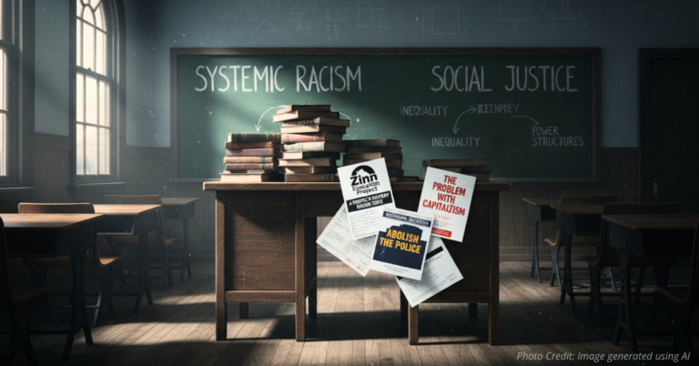 Classroom filled with activist posters overshadowing traditional lessons.