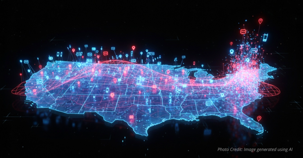 Digital fishing net over U.S. map symbolizing mass phone data collection.