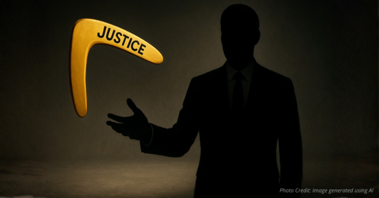 Boomerang labeled Justice returns toward figure in suit