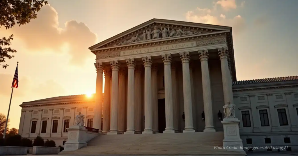 U.S. Supreme Court building at sunrise half in shadow symbolizing divided justice