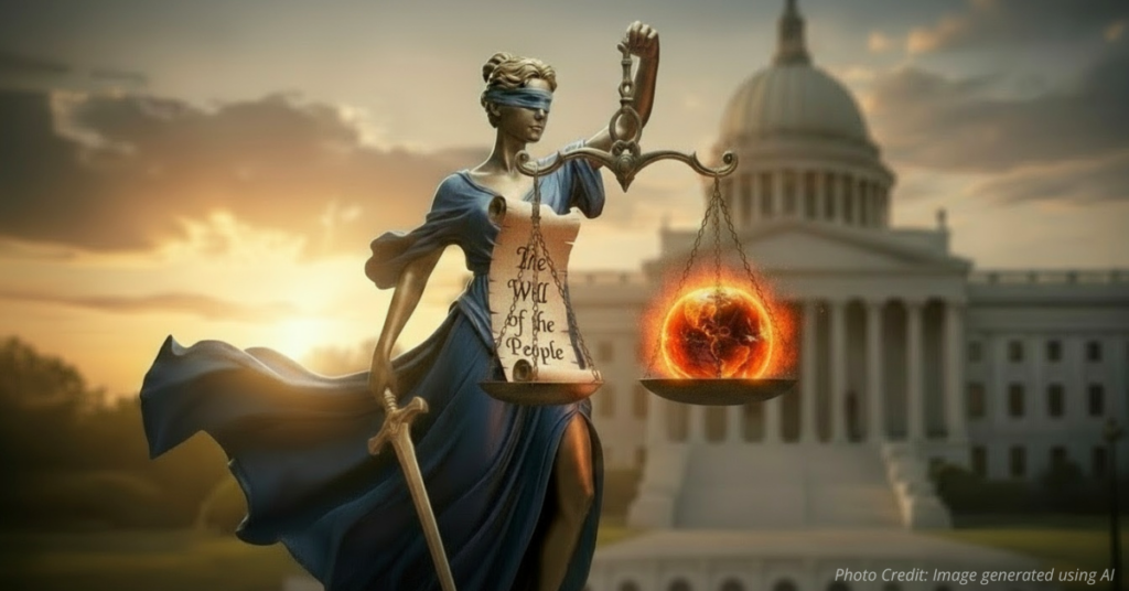 Lady Justice holding a glowing Earth before a courthouse, symbolizing climate litigation.