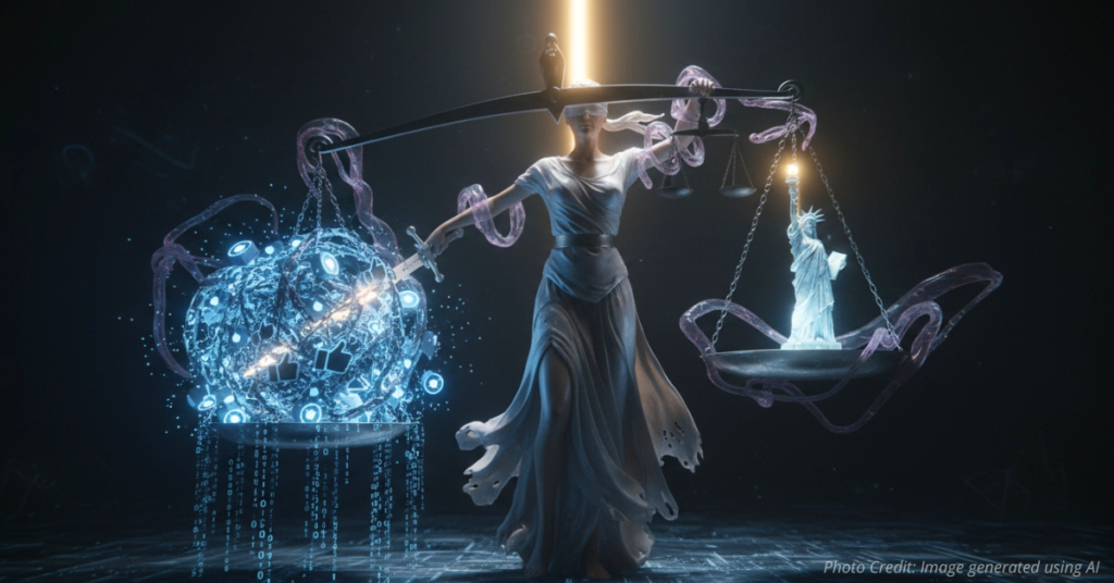 Lady Justice stands before a wall of glowing code symbolizing digital censorship.