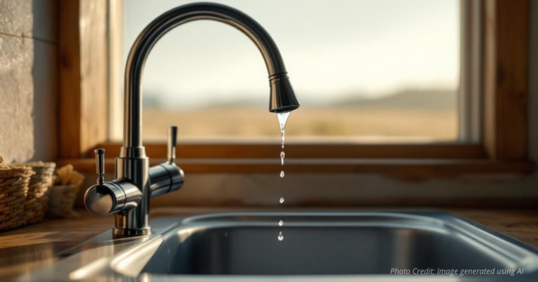 Close-up of a rural kitchen faucet dripping its last drop of water.