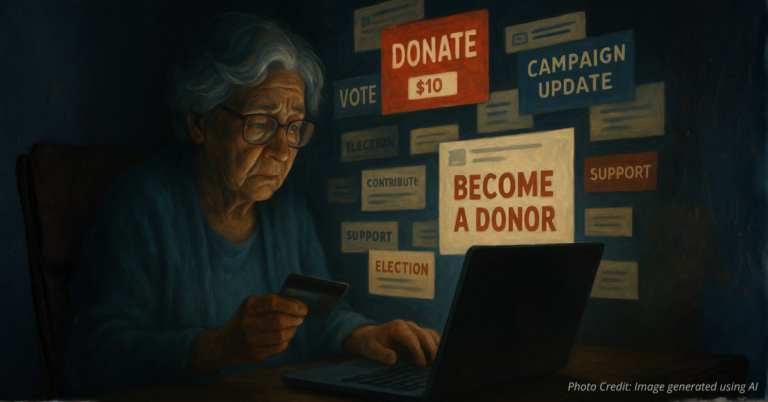 Elderly woman alone at computer making repeated campaign donations