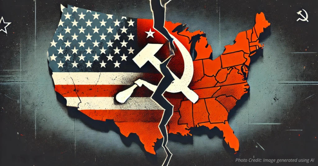 Split U.S. map showing ideological divide between Soviet red and grayscale America