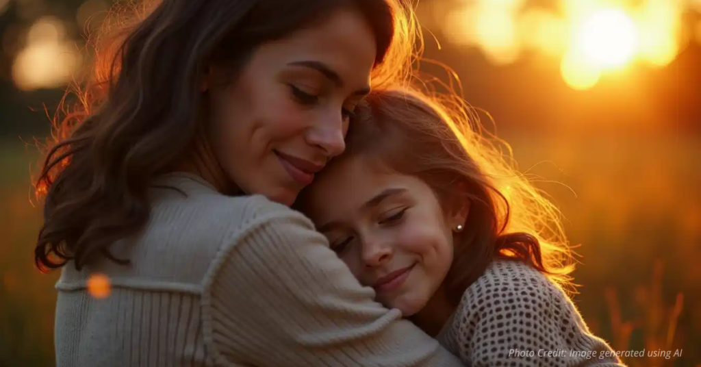 Mother and daughter in warm embrace.