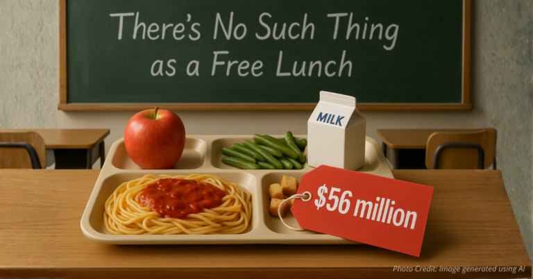 Lunch tray with $56 million price tag on classroom desk before chalkboard reading ‘There’s No Such Thing as a Free Lunch’