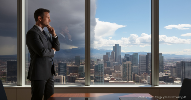 Split Denver skyline showing optimism and uncertainty in Colorado’s economy.