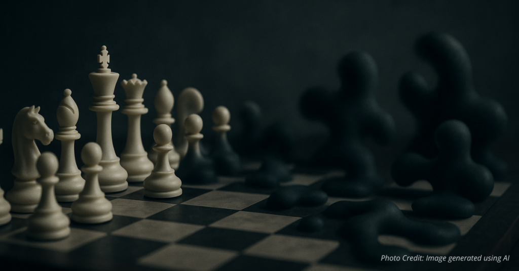 Chess pieces facing abstract shapes symbolizing order versus chaos