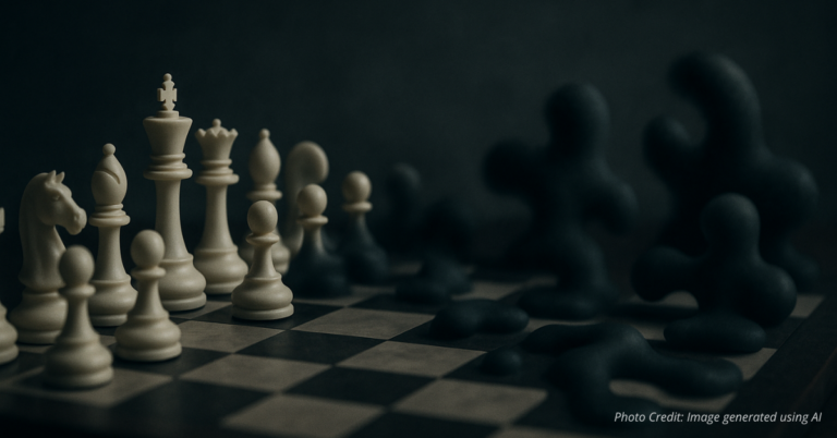 Chess pieces facing abstract shapes symbolizing order versus chaos
