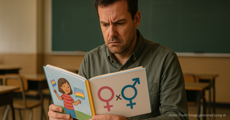 Parent reviewing children's book with gender content in classroom setting