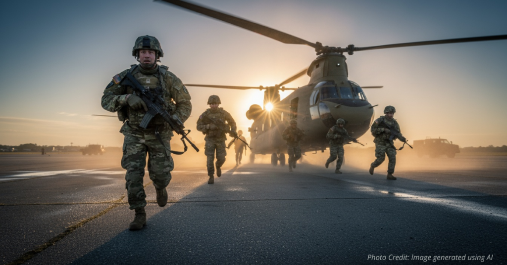 National Guard troops offload from helicopters at sunrise for rapid deployment.