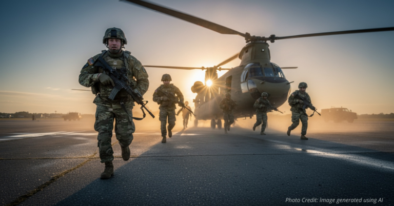 National Guard troops offload from helicopters at sunrise for rapid deployment.