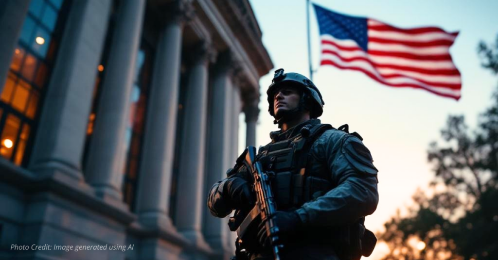 National Guard soldier stands before federal building at dusk symbolizing public support for order.