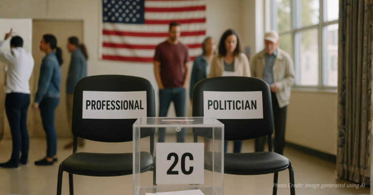 Two empty chairs labeled Professional and Politician behind ballot box marked 2C