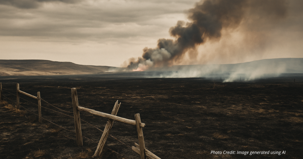 Burned Colorado ranchland with broken fences and rising smoke