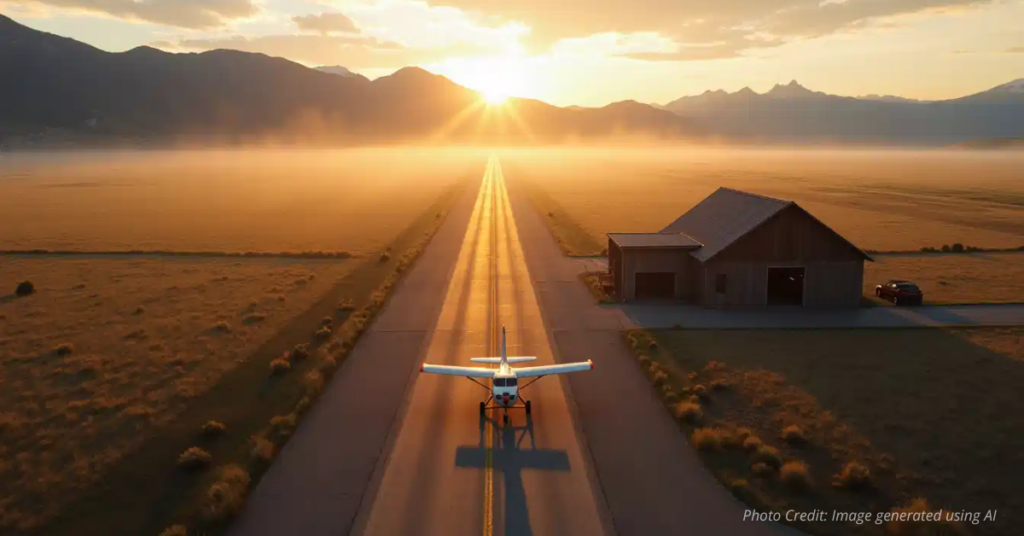 Parked plane on. empty rural Colorado runway at dawn symbolizing halted air service funding