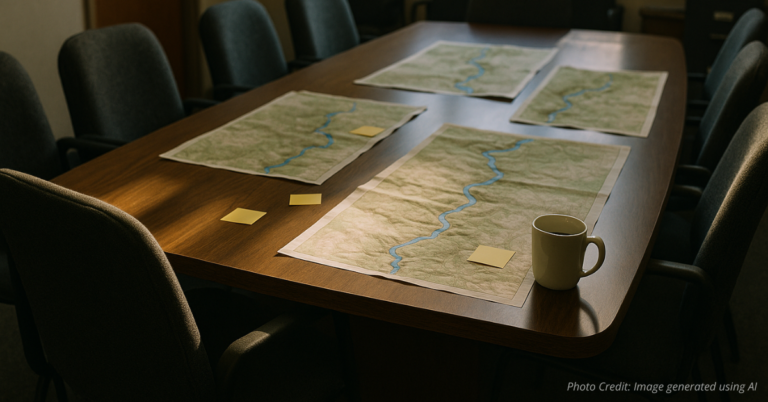 Empty chair at a table with Colorado river maps, symbolizing local voices seeking input