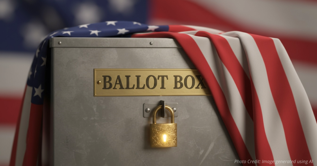 Ballot box wrapped in American flag ribbon with glowing lock representing secure, citizen-only voting.