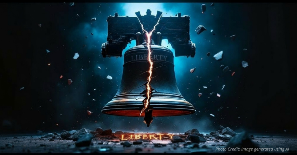 Liberty Bell cracking under red and blue light, symbolizing America’s political division.