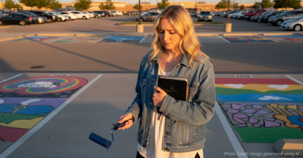 Student stands by blank parking space holding Bible and paint, symbolizing faith restricted by school policy.