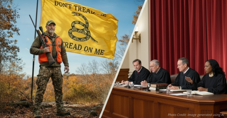 Hunter with rifle and bong under “Don’t Tread on Me” flag beside Supreme Court justices debating gun rights case.