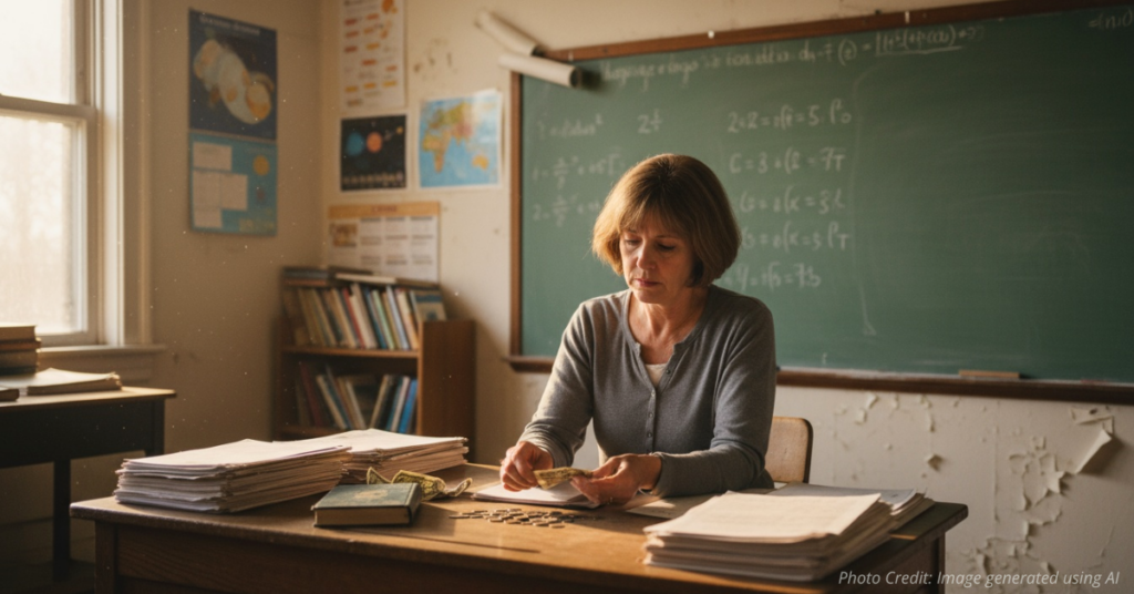 Teacher counts coins at classroom desk, symbolizing school funding strain