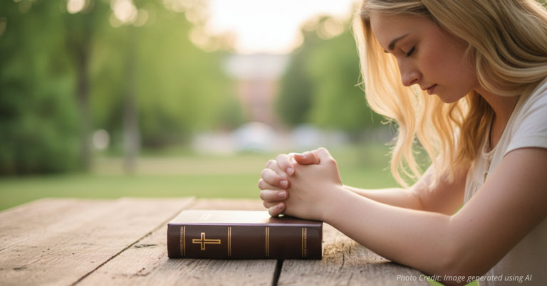 Close-up of teenage girl’s clasped hands resting on a closed Bible outdoors on a wooden surface.